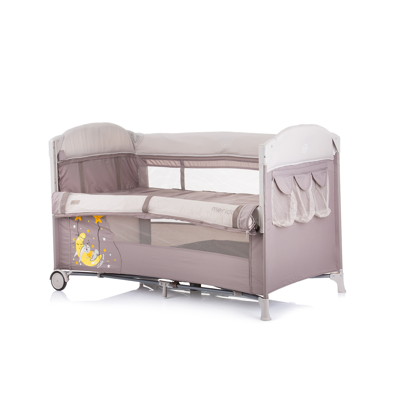 Travel cot with drop side top