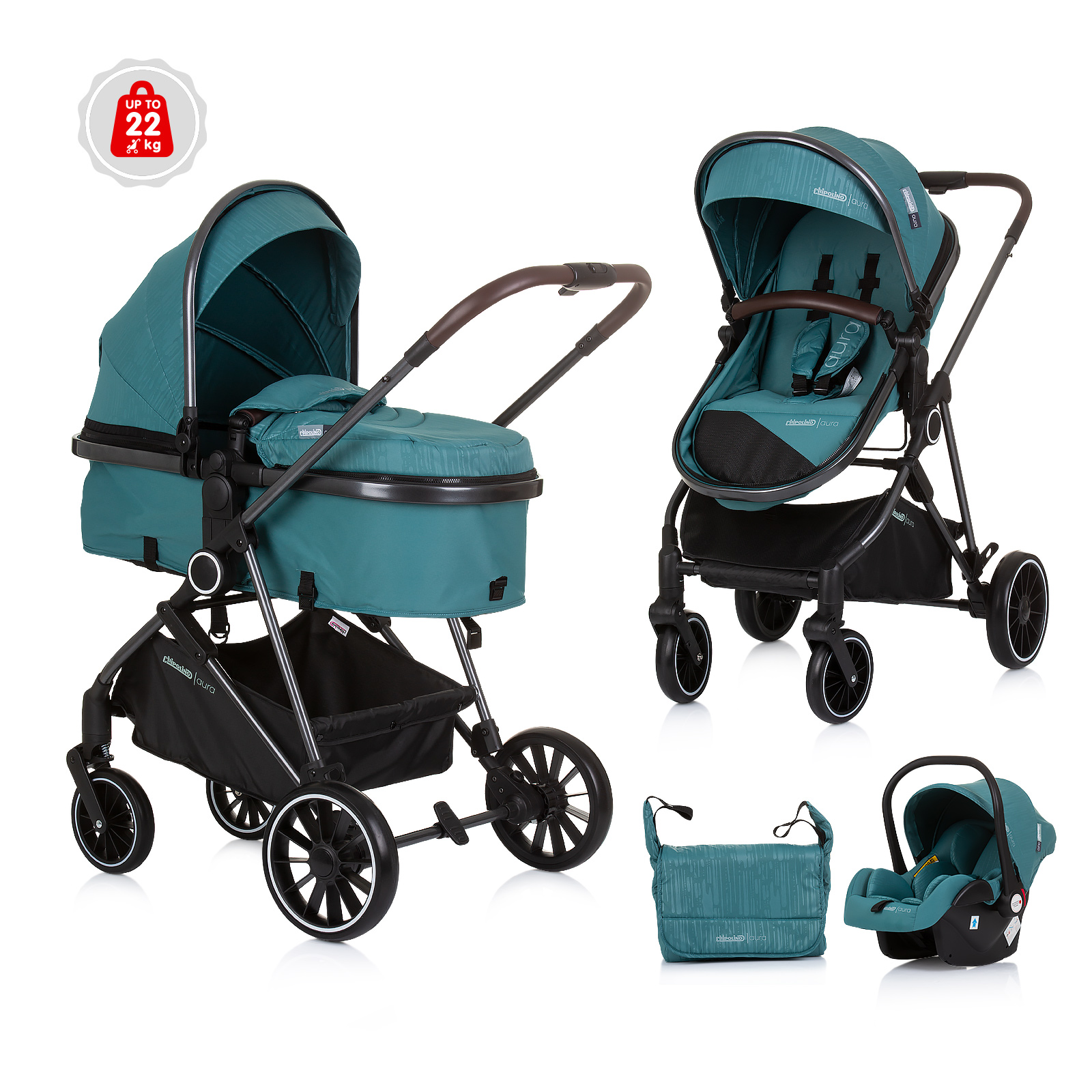 Chipolino Chipolino Baby 3 in 1 Set transformable stroller AURA teal KKAUR02404TL 234.00