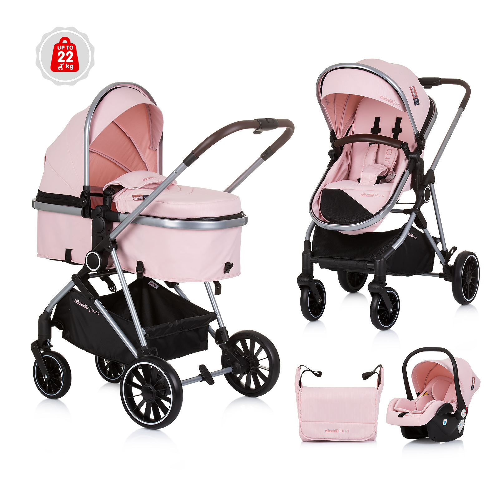 Chipolino Chipolino Baby 3 in 1 Set transformable stroller AURA flamingo KKAUR02405FL 234.00