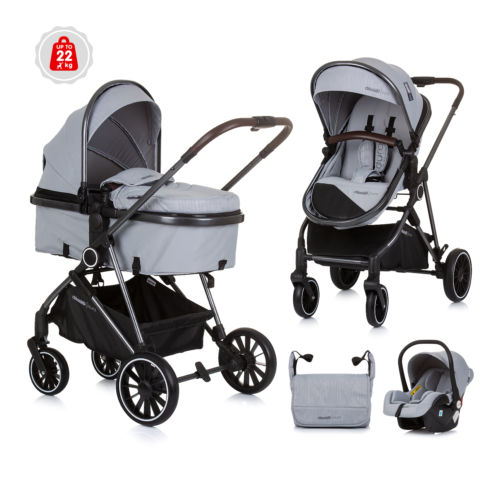 Chipolino Chipolino Baby 3 in 1 transformable stroller AURA ash grey KKAUR02402AS 234.00