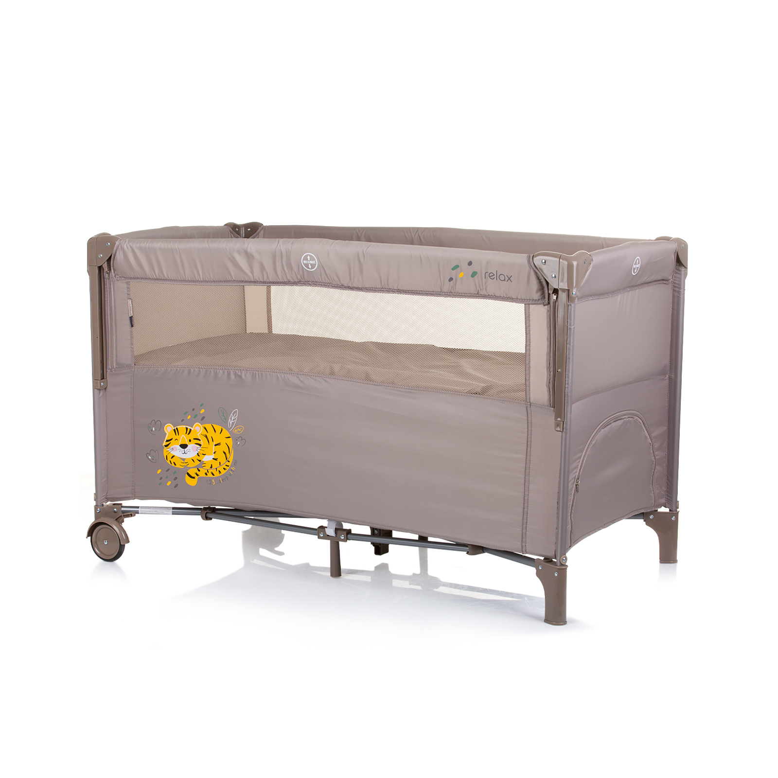 Travel cot with drop side outlet