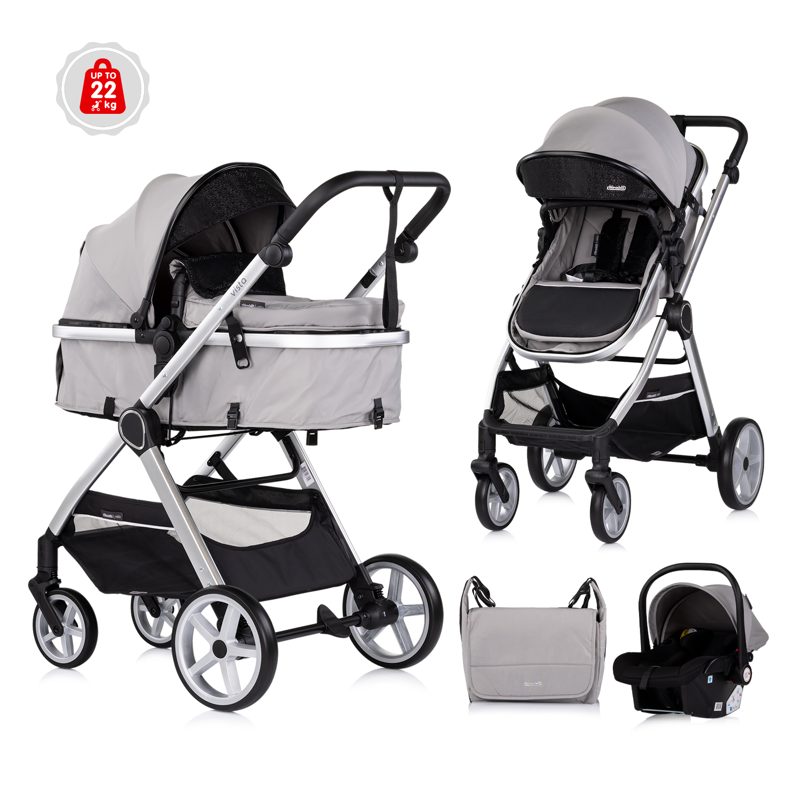 Chipolino VISTA 3 σε 1 Μεταμορφώσιμο καροτσάκι μωρού 0-22kg cloud grey KKVS02502CL