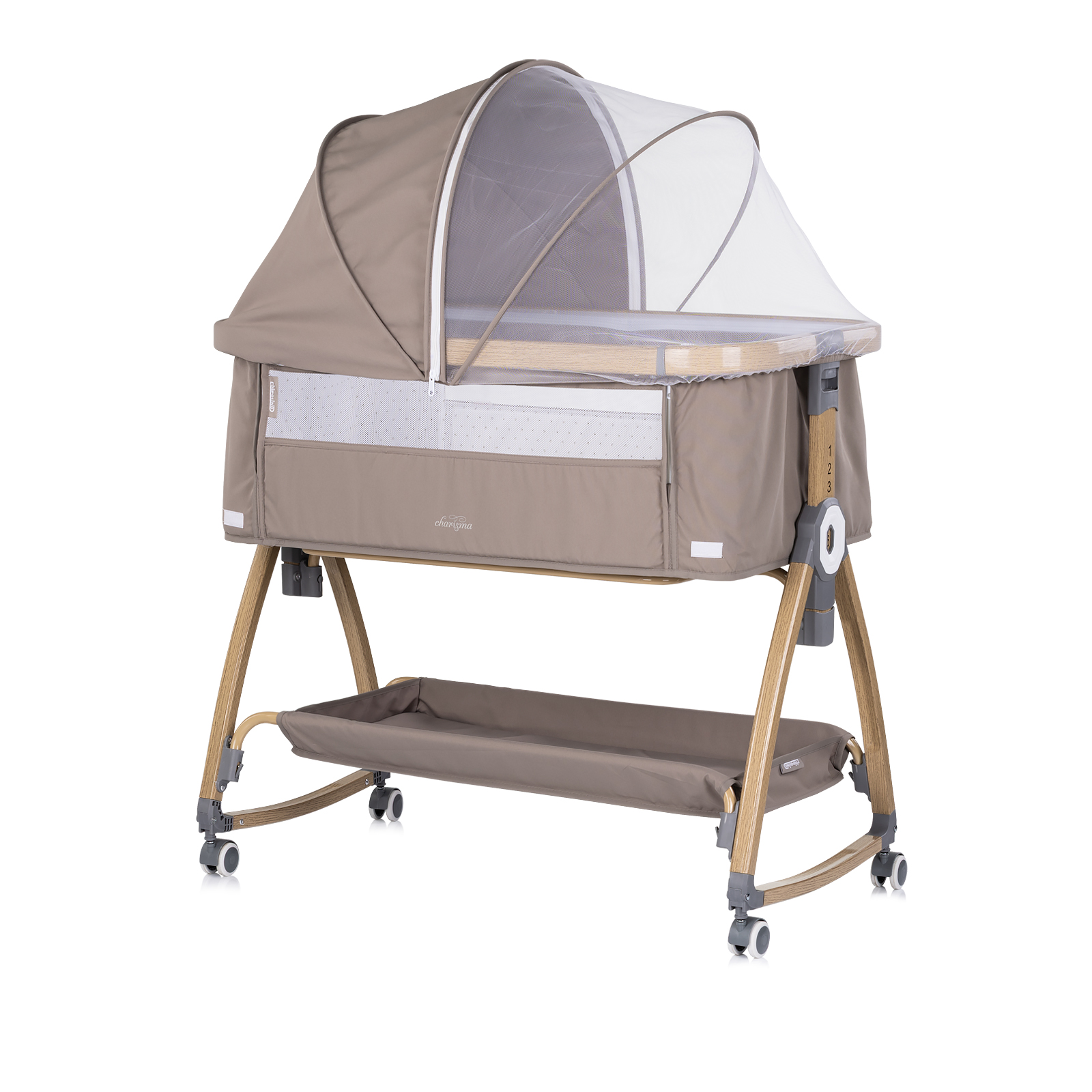 Chipolino Co-sleeping crib with drop side “Charisma" latte/wood + wheels KOSCA0263LA