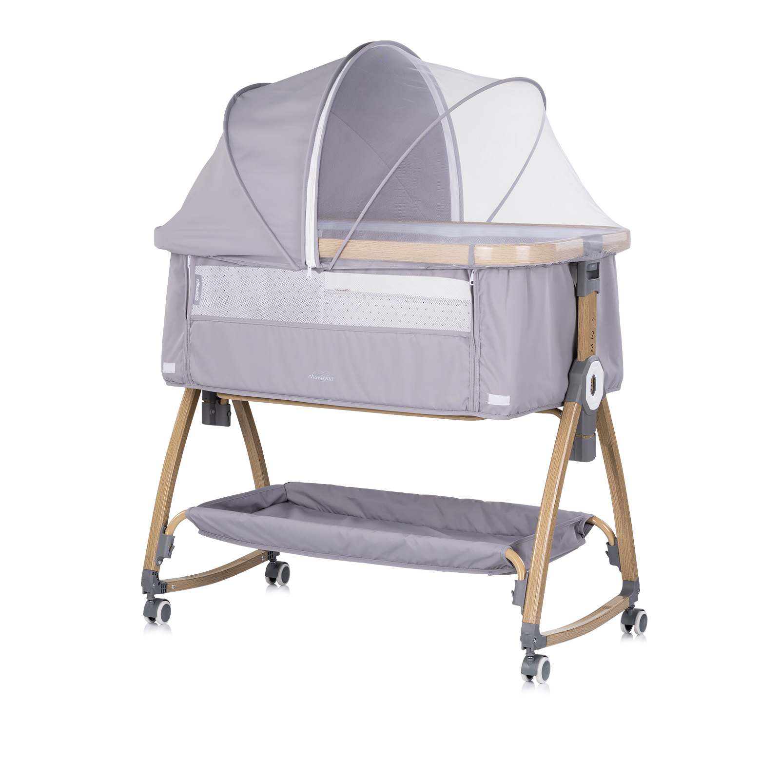 Chipolino Co-sleeping crib with drop side “Charisma" platinum/wood + wheels KOSCA0262PL
