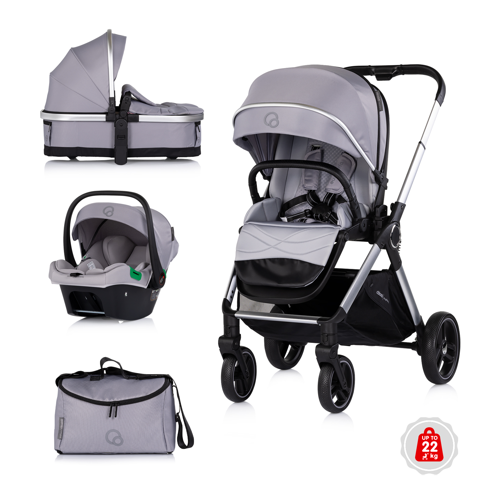 Chipolino Euphoria 3-in-1 baby stroller up to 22 kg Platinum KKEU02602PL