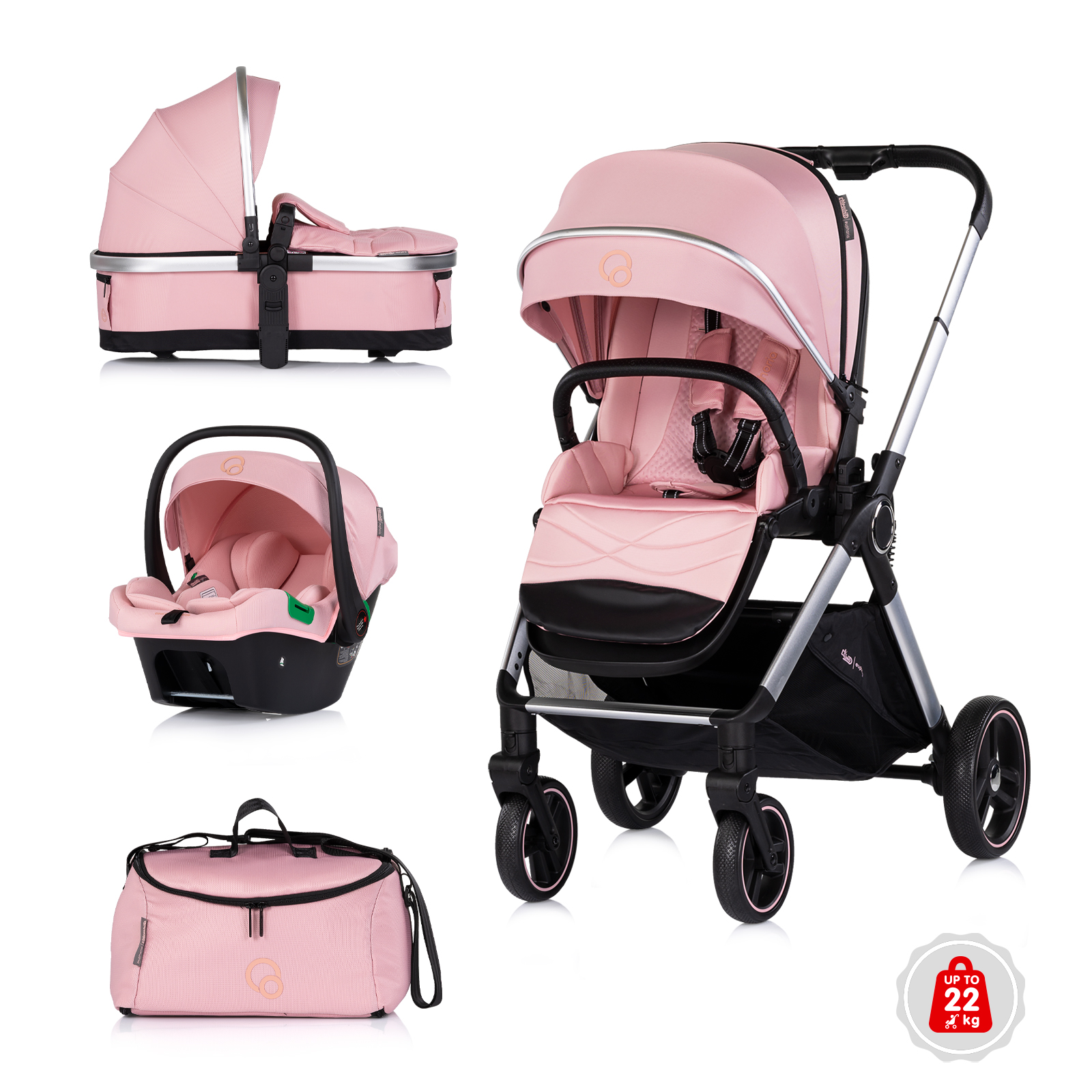 Chipolino Euphoria 3-in-1 baby stroller up to 22 kg Powder Pink KKEU02606PP
