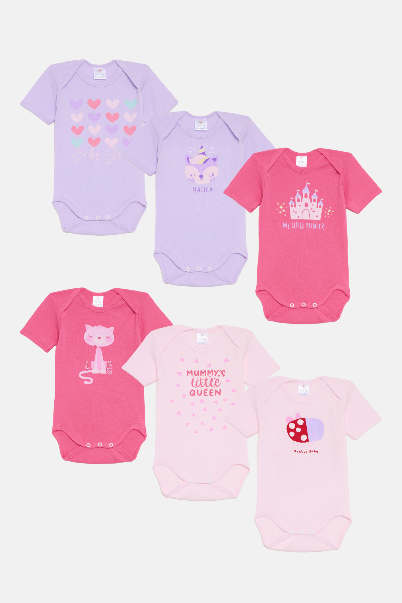 Pretty Baby Magical Σετ 6 βρεφικά βαμβακερά κορμάκια κοντό μανίκι Ροζ Λιλά