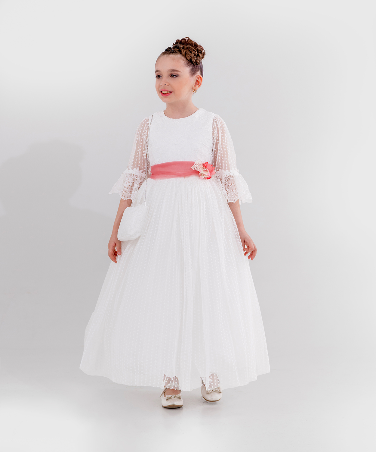 Long White Children's Wedding Baptism Dress with Polka Dots Tulle & Fuchsia Flower Belt
