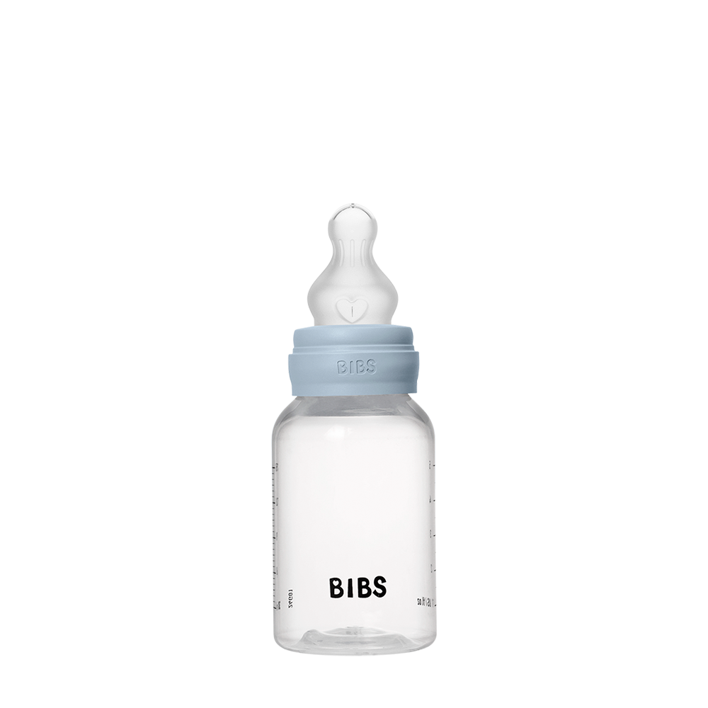 BIBS plastic baby bottle 150ml with round silicone nipple slow flow baby blue