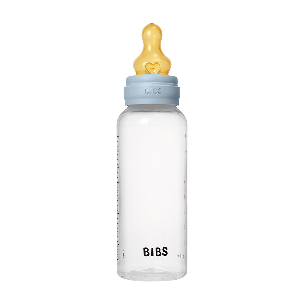 BIBS plastic baby bottle 270ml with round latex nipple medium flow baby blue