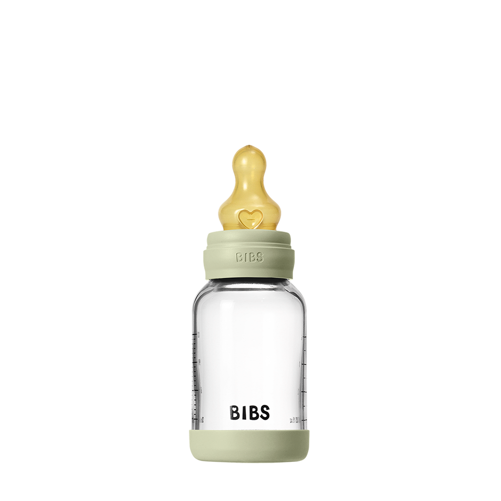 BIBS glass baby bottle 120ml with round latex nipple slow flow sage