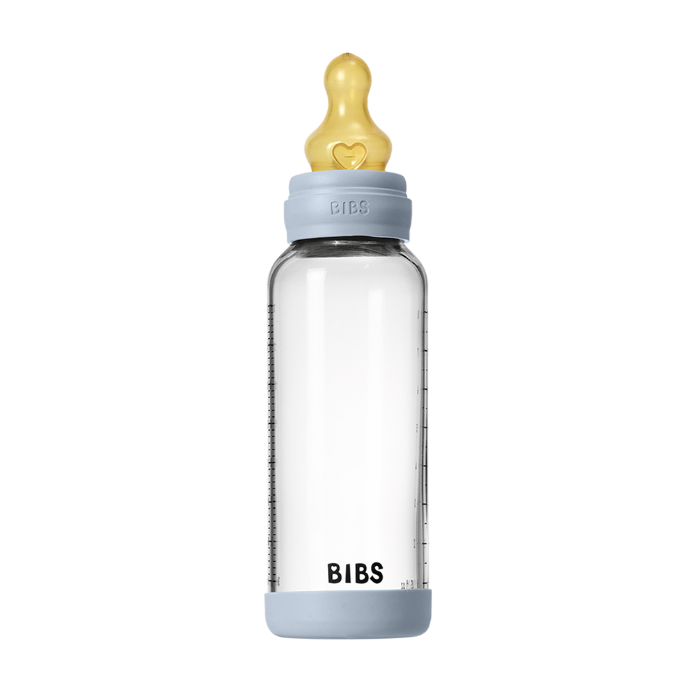 BIBS glass baby bottle 240ml with round latex nipple medium flow baby blue