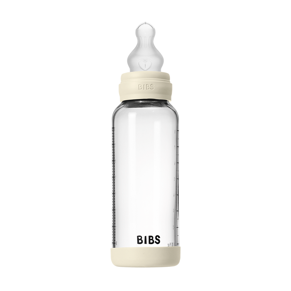BIBS glass baby bottle 240ml with round silicone nipple medium flow ivory