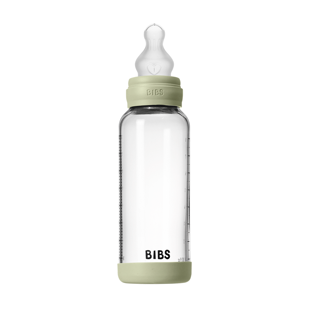 BIBS glass baby bottle 240ml with round silicone nipple medium flow sage