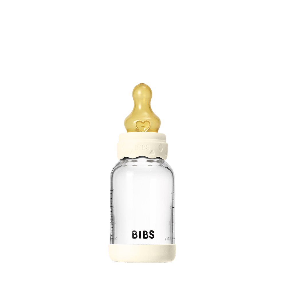 BIBS glass baby bottle boheme 120ml with round latex nipple slow flow ivory