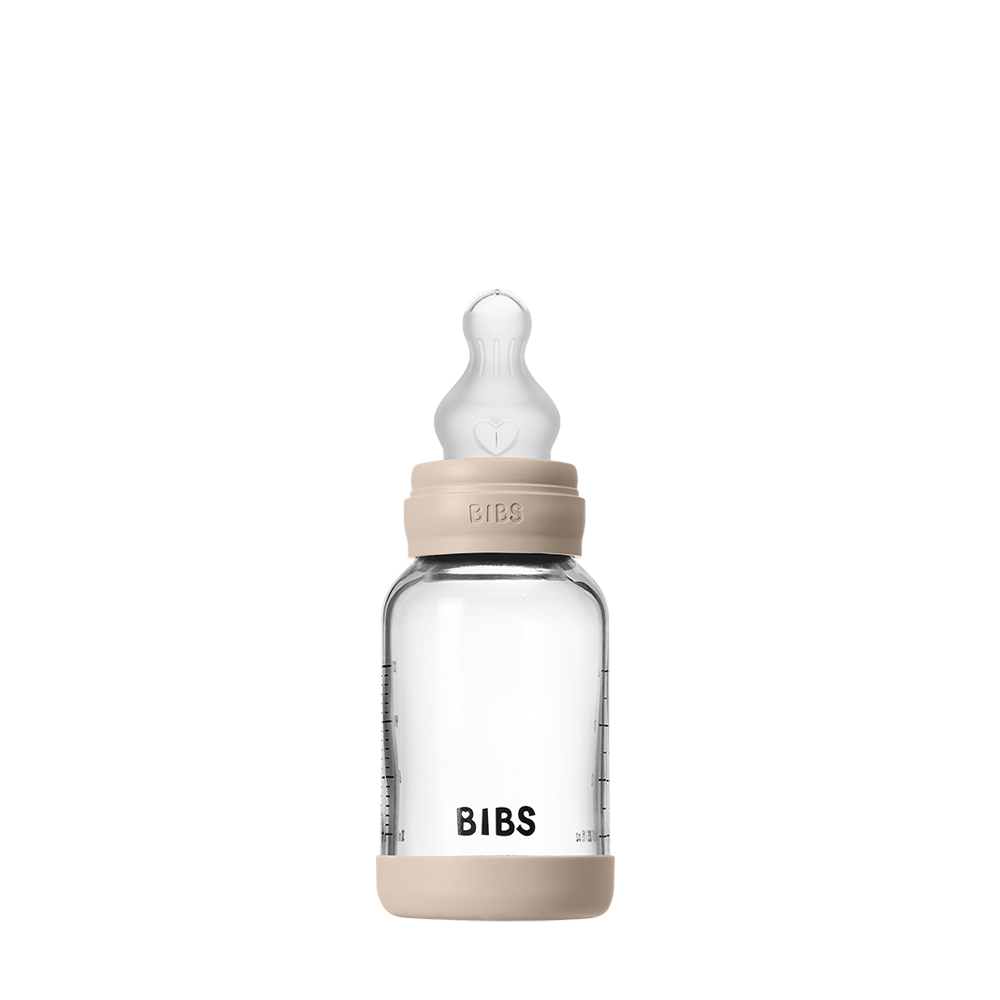 BIBS glass baby bottle 120ml with round silicone nipple slow flow blush