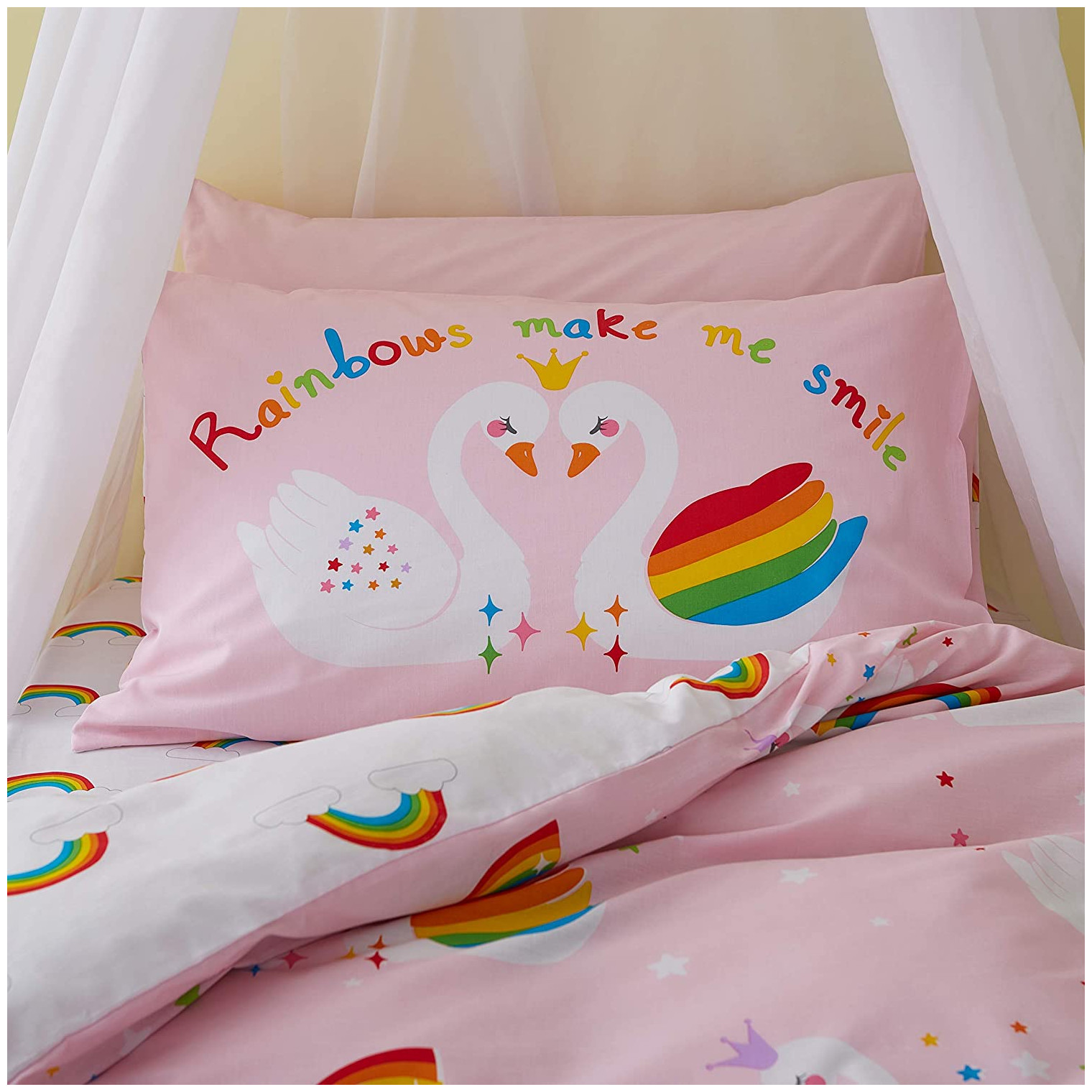 Catherine Lansfield Folk Unicorn Easy Care Single Duvet Set 135x200cm  Rainbow Swan 52499
