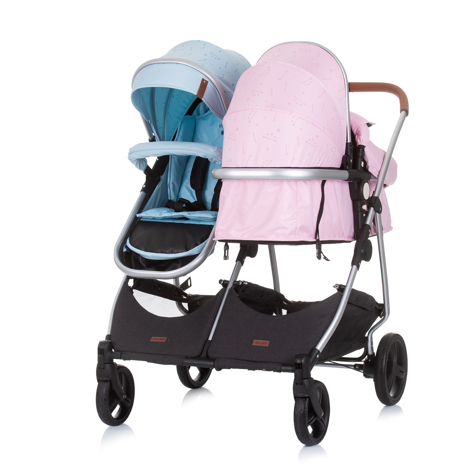 Chipolino Duo Smart Convertible Reversible Twin Stroller with Independent Seats 0+ months 3 Accessories Rose Water Sky KBDS02305RS