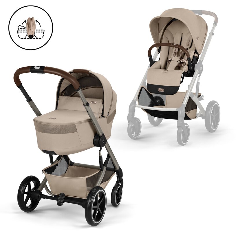 Cybex Balios S Lux καρότσι μωρού 2 σε 1 με πτυσσόμενο πορτ μπεμπέ Almond Beige taupe σκελετό