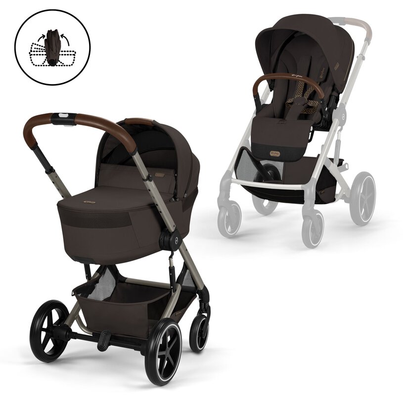 Cybex Balios S Lux καρότσι μωρού 2 σε 1 με πτυσσόμενο πορτ μπεμπέ Chocolate Brown taupe σκελετό