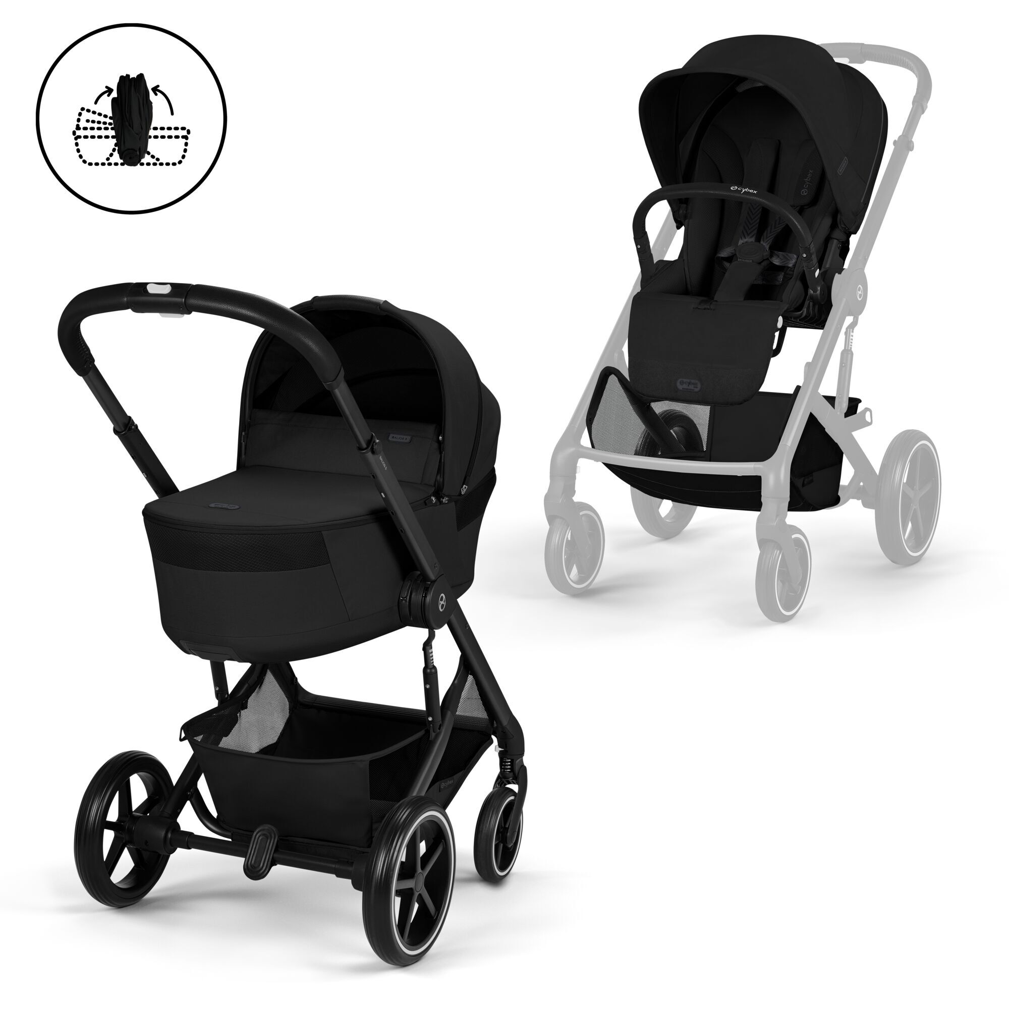 Cybex Balios S Lux καρότσι μωρού 2 σε 1 με πτυσσόμενο πορτ μπεμπέ Moon Black μαύρο σκελετό