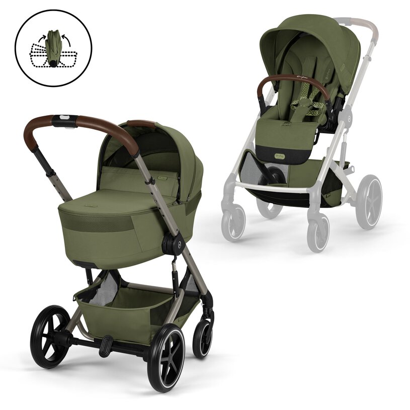 Cybex Balios S Lux καρότσι μωρού 2 σε 1 με πτυσσόμενο πορτ μπεμπέ Moss Green taupe σκελετό