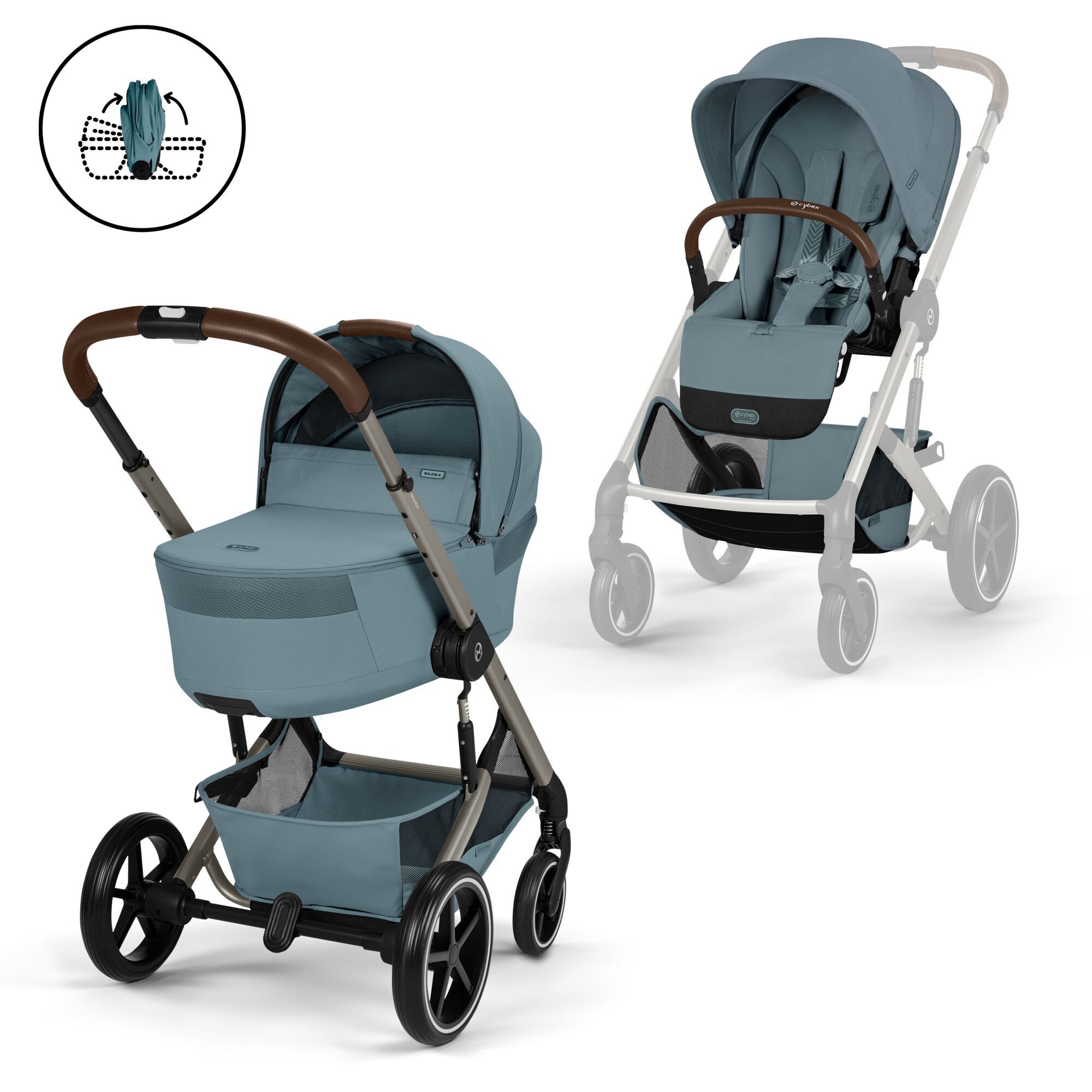 Cybex Balios S Lux καρότσι μωρού 2 σε 1 με πτυσσόμενο πορτ μπεμπέ Stormy Blue taupe σκελετό