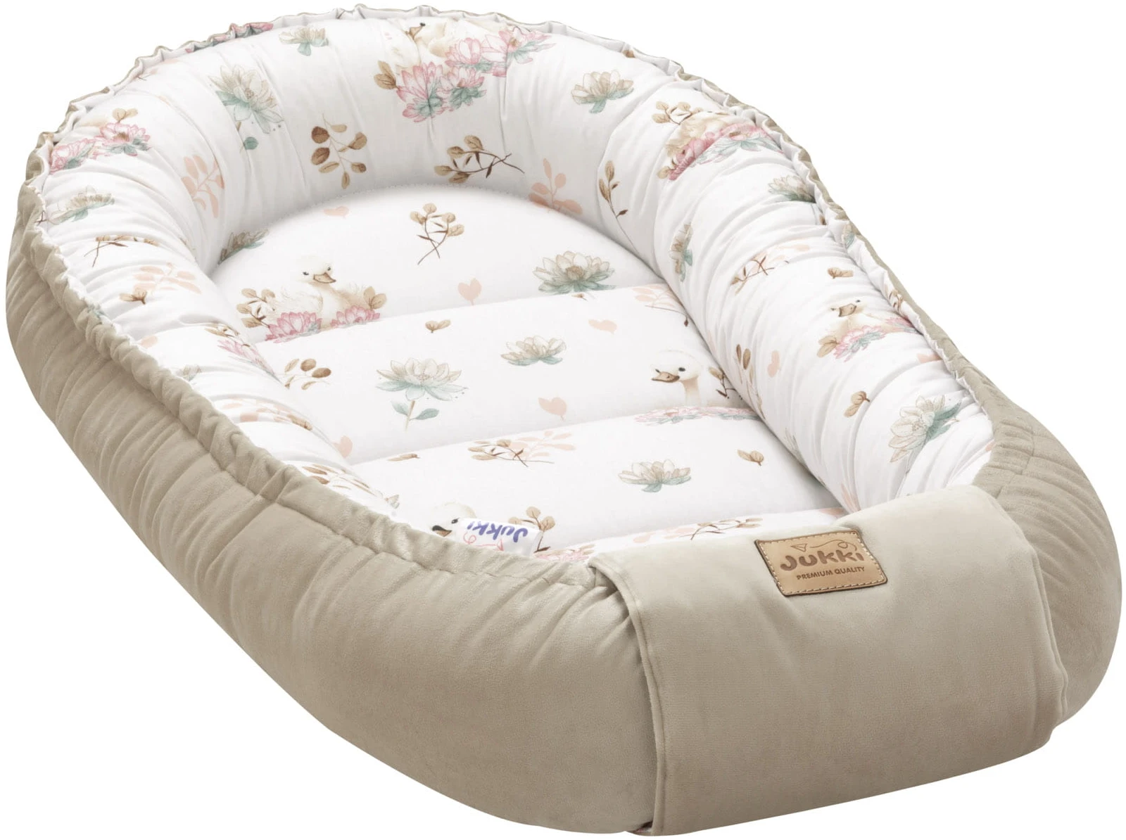 JUKKI Φωλιά Για Βρέφη Comfort 100x55 Διπλής Όψης Swan Family & Cappuccino Soft Velvet