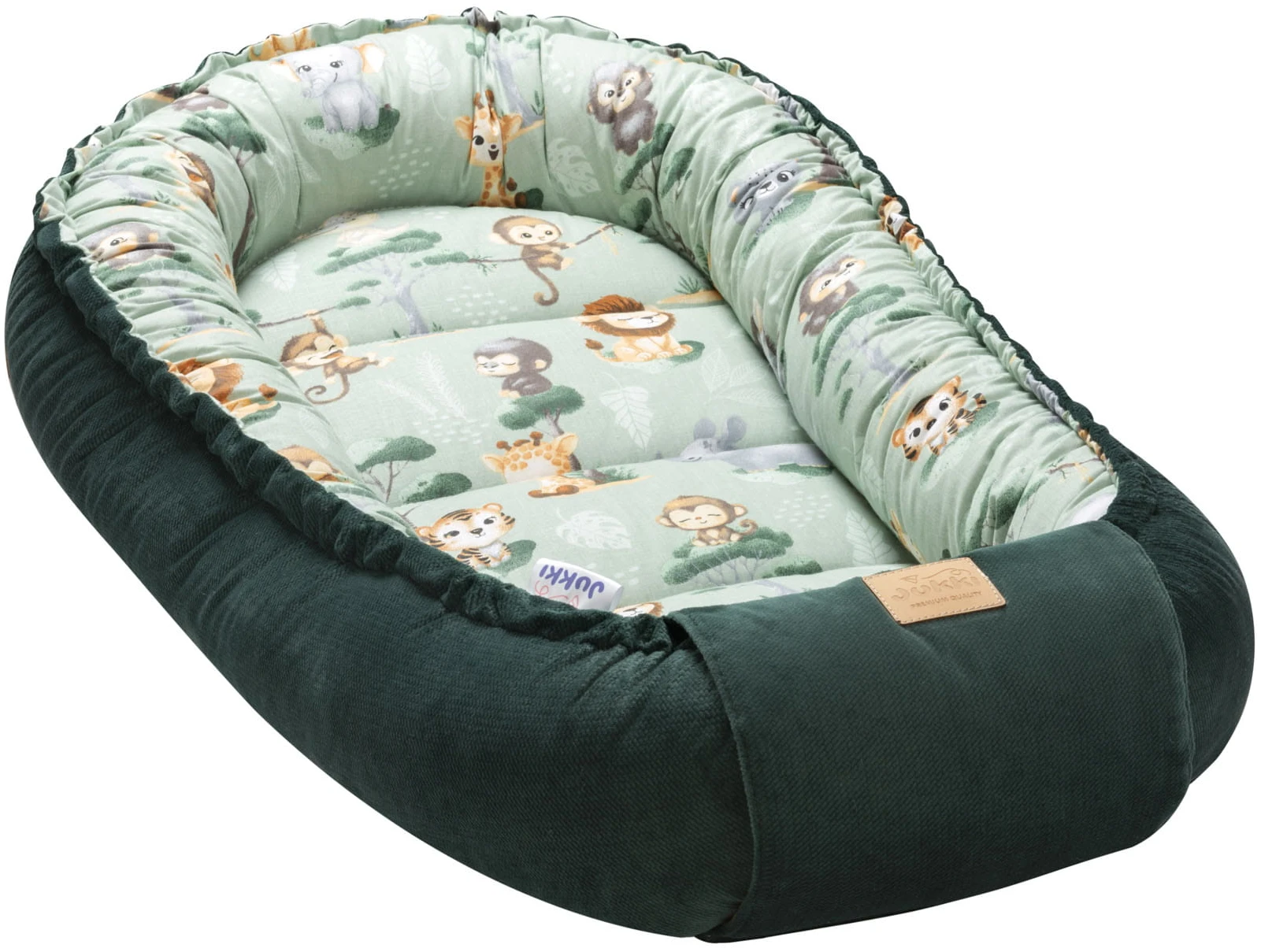 JUKKI Φωλιά Για Βρέφη Comfort 100x55 Διπλής Όψης Tropical Animals & Σκούρο Πράσινο Velvet