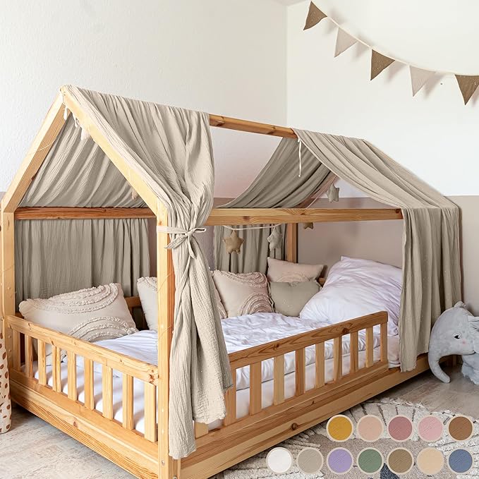 Κουρτίνα Κρεβατιού Σπιτάκι House Bed Curtain Muslin 100% Βαμβάκι 2 Τεμαχίων 67×270 cm Ανοιχτό Μπεζ