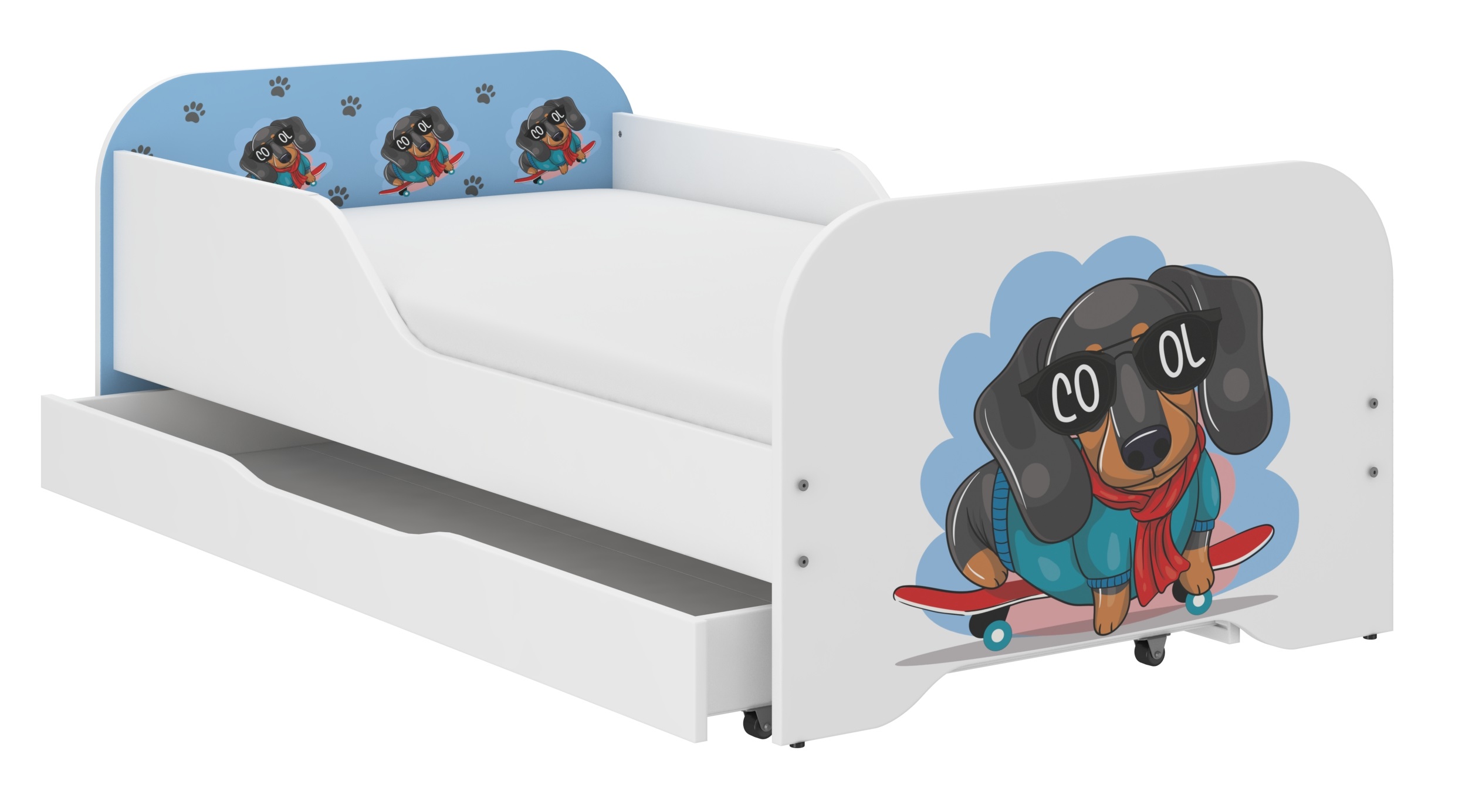 Toddler Children Kids Bed Including Mattress + Drawer 160x80 - Dachshund Skater