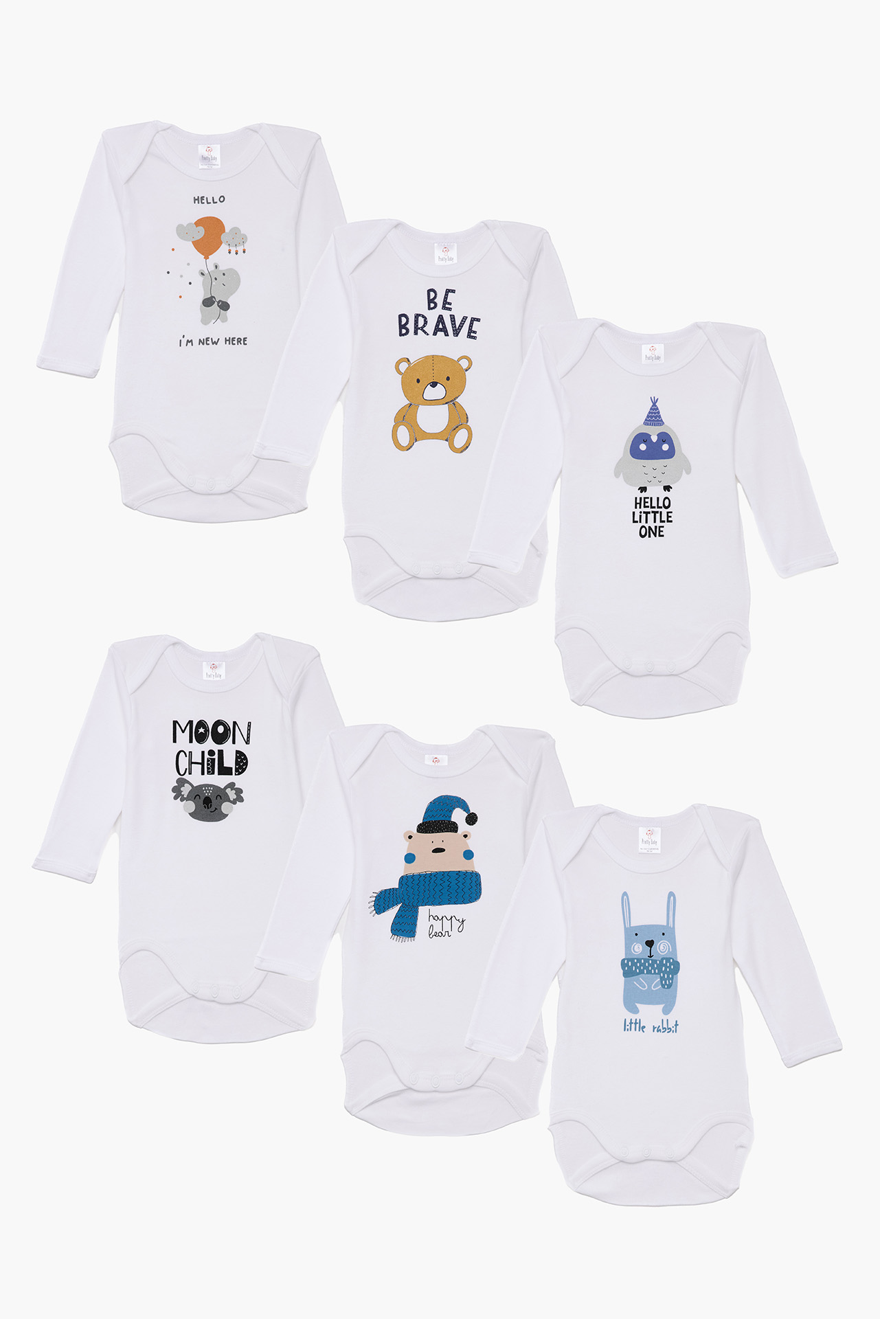 Pretty Baby Be Brave Set of 6 Baby Cotton Bodysuits Short Sleeve White Blue