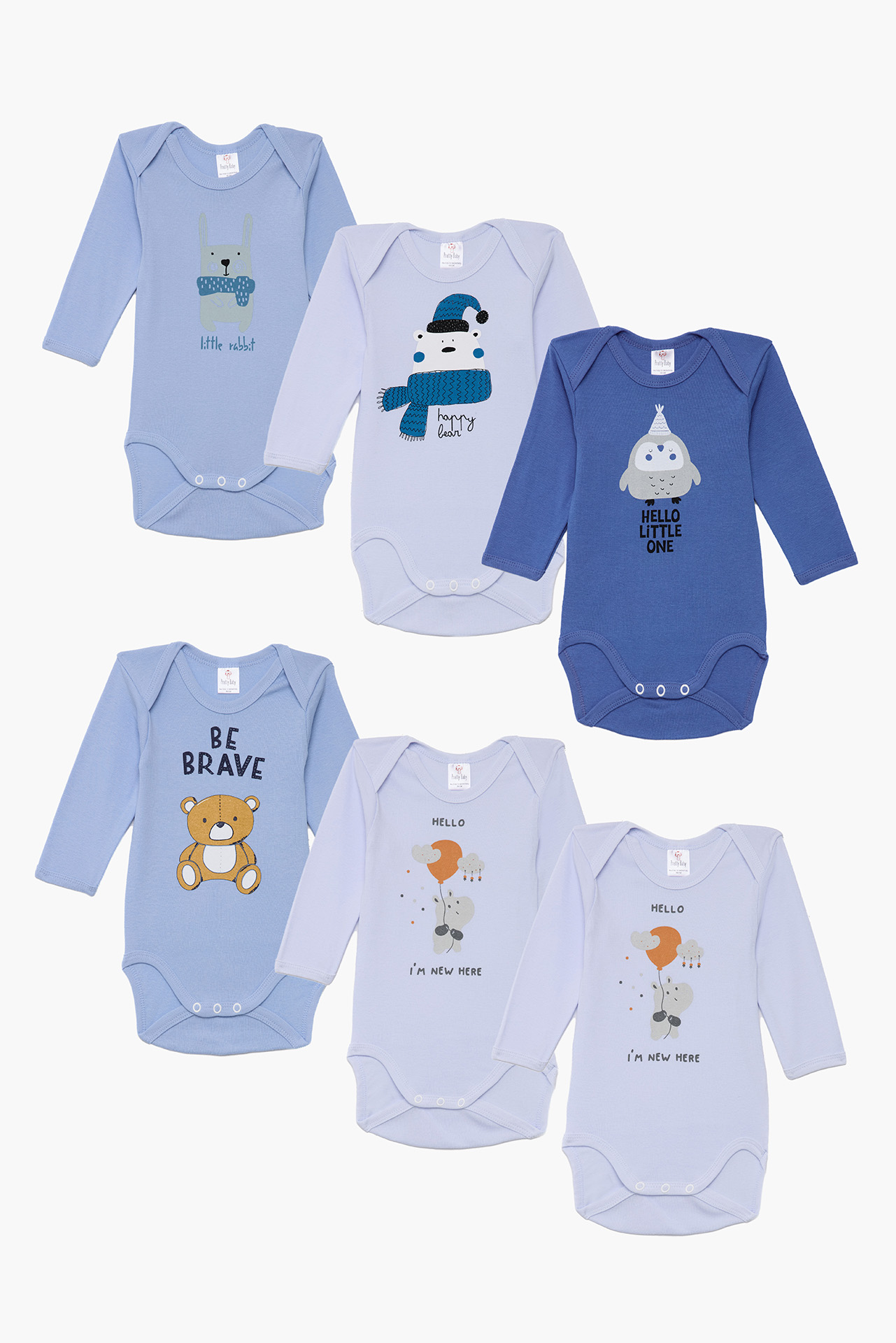 Pretty Baby Be Brave Set of 6 Baby Cotton Bodysuits Short Sleeve Blue