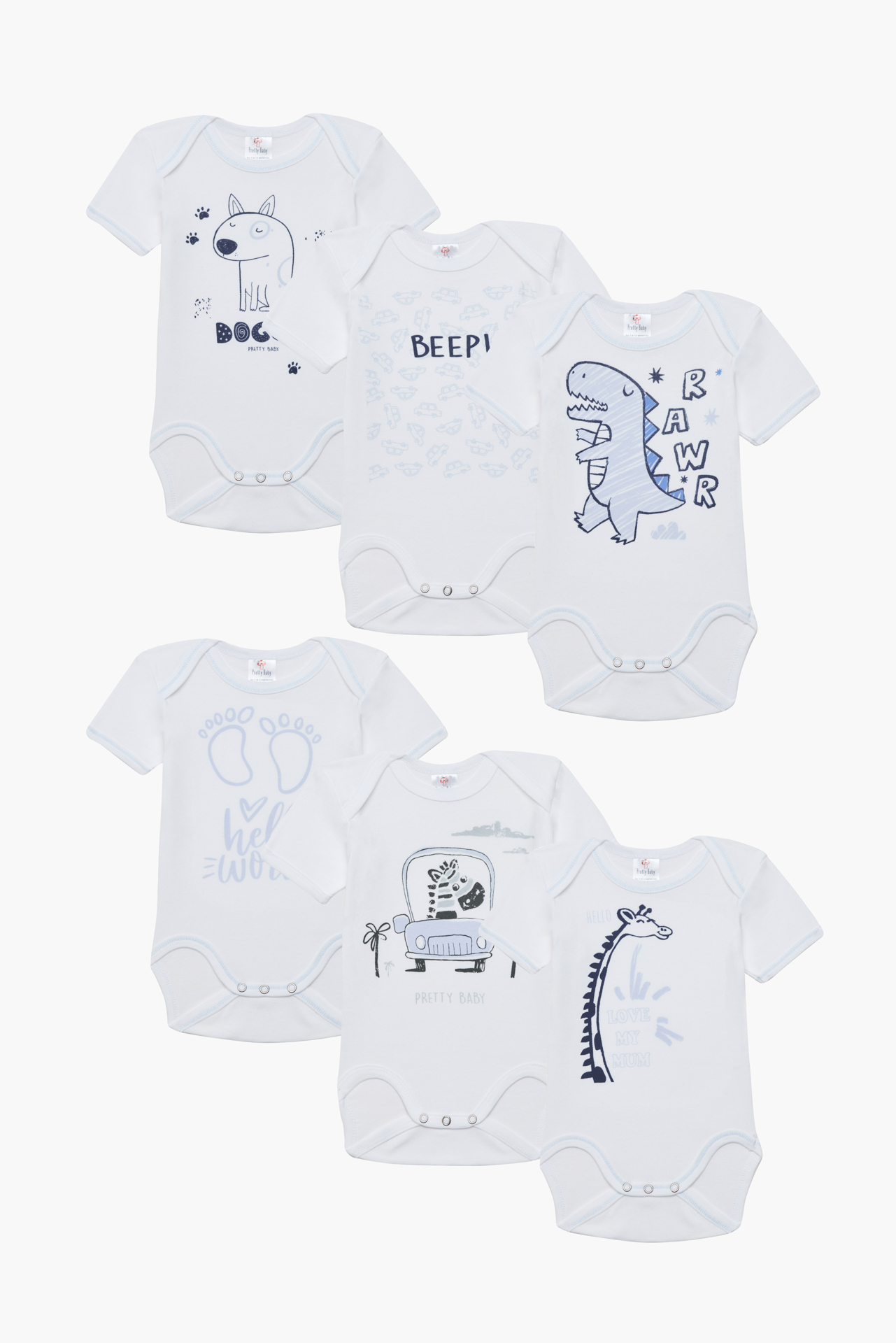 Pretty Baby Beep Set of 6 Baby Cotton Bodysuits Short Sleeve Blue White