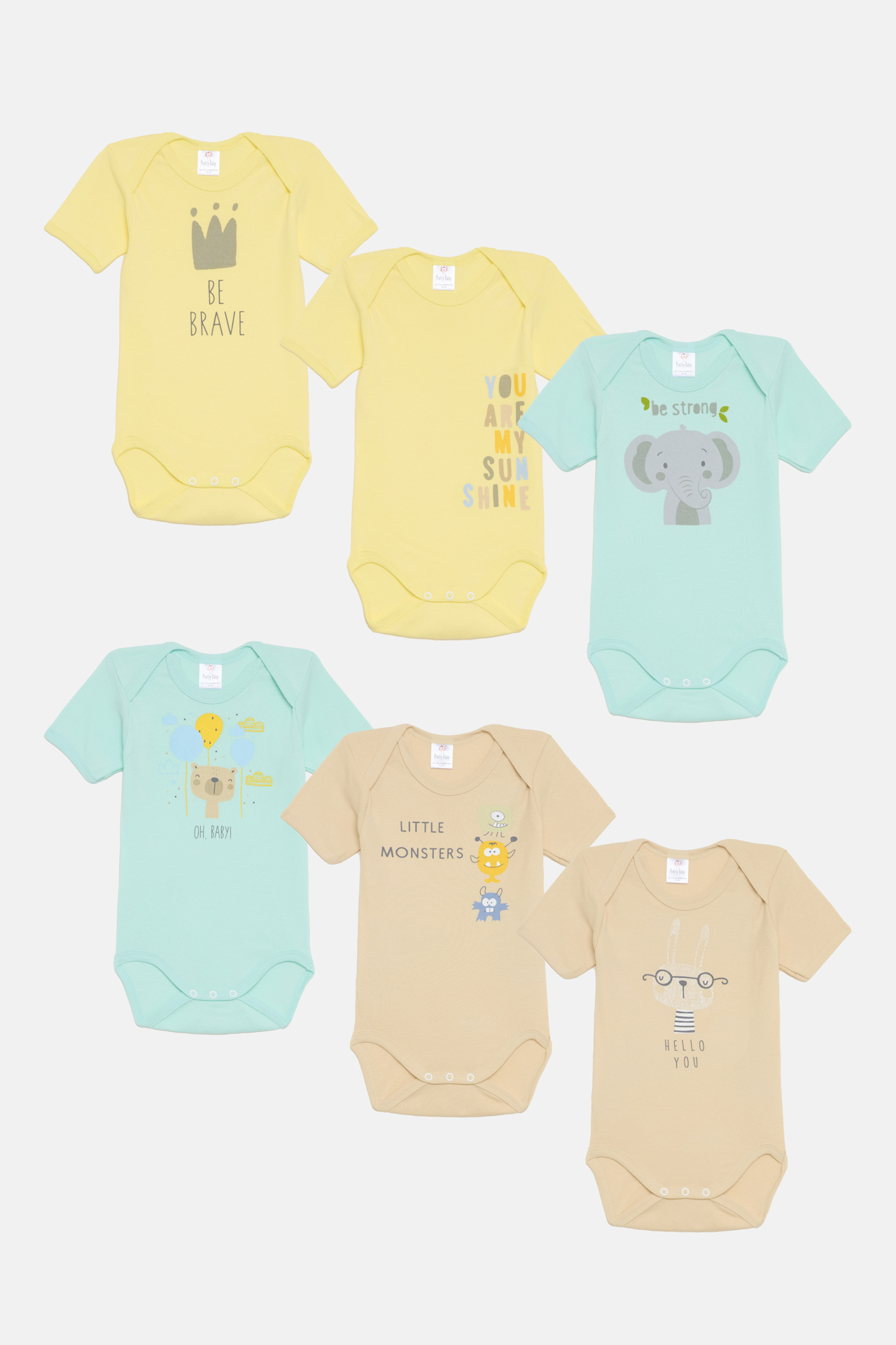 Pretty Baby Elephant Set of 6 Baby Cotton Bodysuits Short Sleeve Multicolor