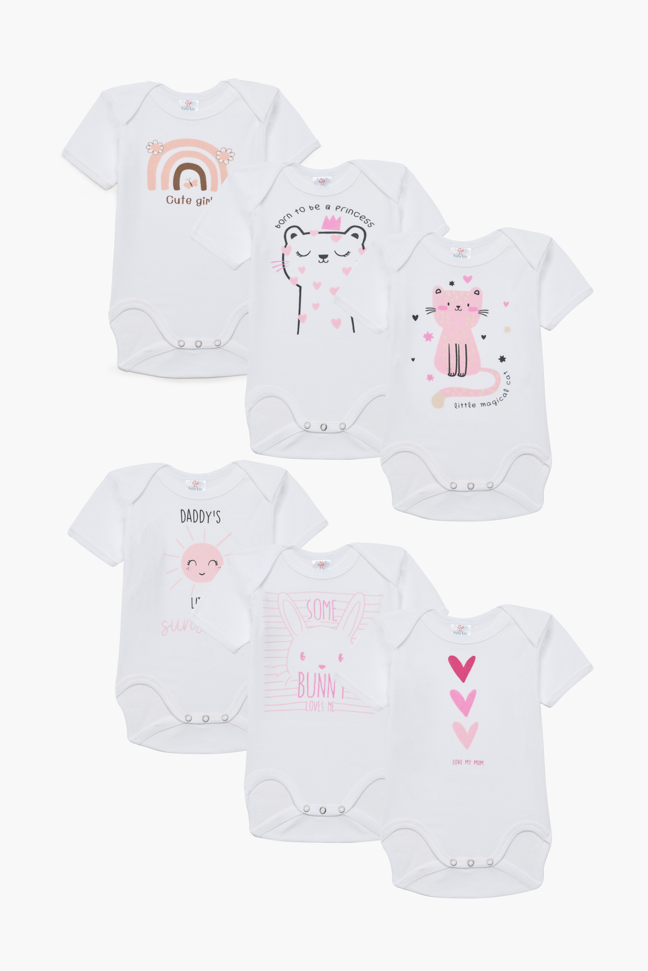 Pretty Baby Cute Girl Set of 6 Baby Cotton Bodysuits Short Sleeve White Pink