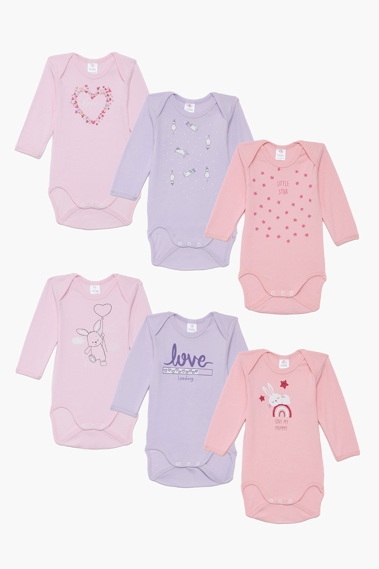Pretty Baby Bunny Set of 6 Baby Cotton Bodysuits Long Sleeve Pink Lilac