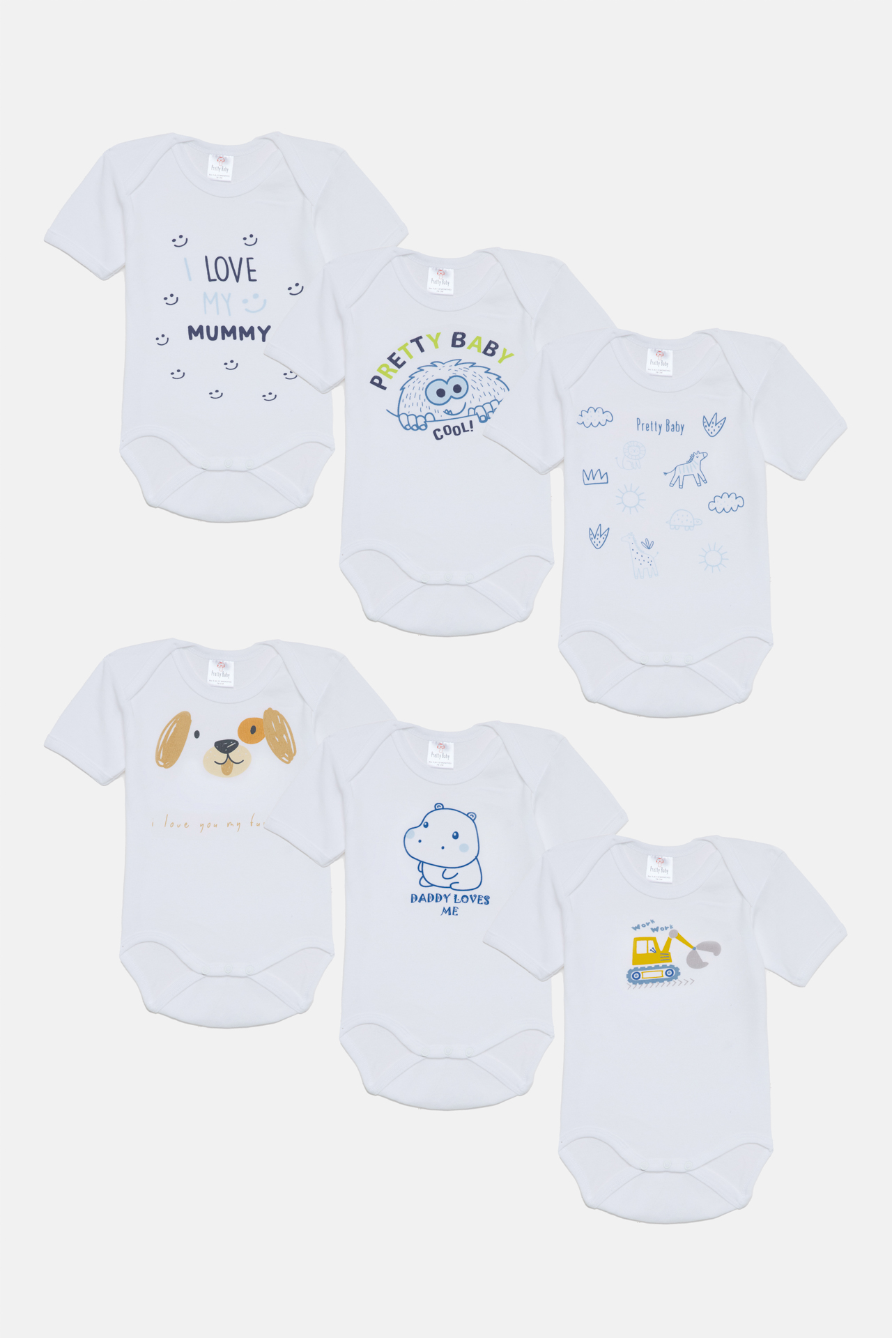 Pretty Baby Fagana Set of 6 Baby Cotton Bodysuits Short Sleeve White Blue