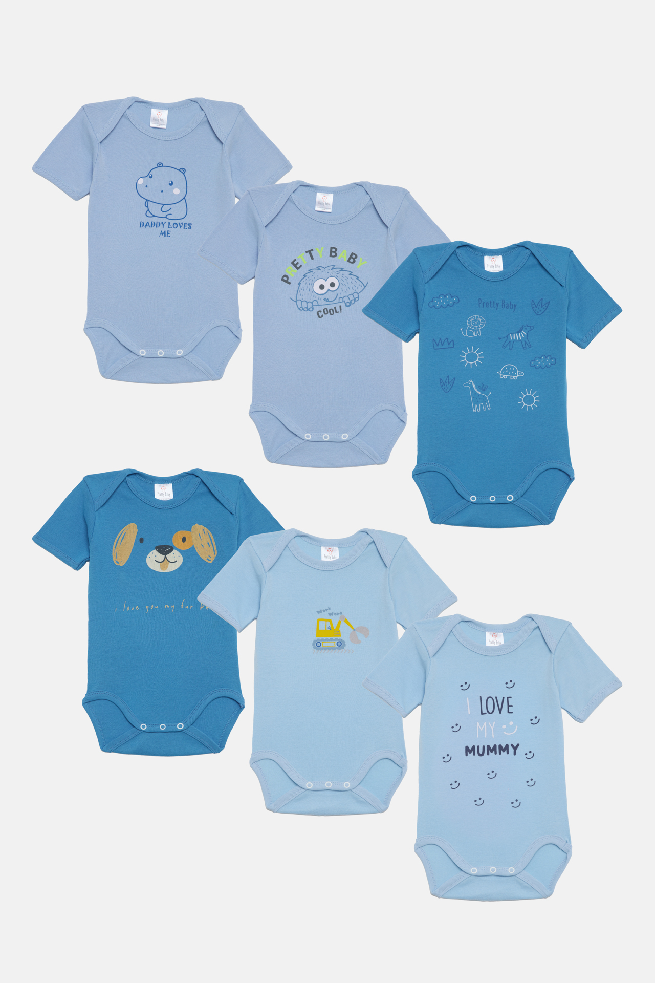 Pretty Baby Mummy Set of 6 Baby Cotton Bodysuits Short Sleeve White Blue