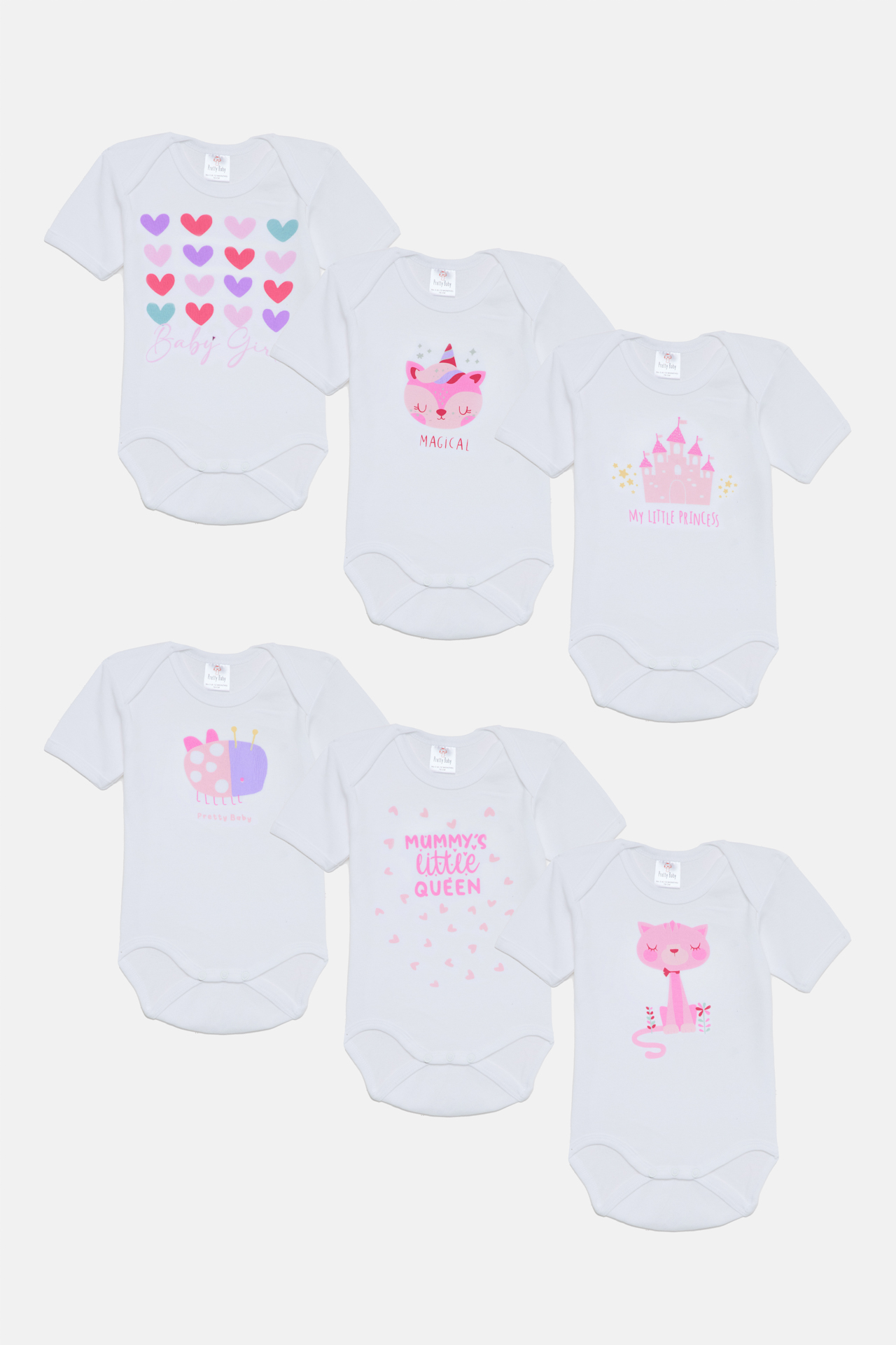 Pretty Baby Queen Set of 6 Baby Cotton Bodysuits Short Sleeve Λευκό Ροζ