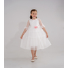 White Girls’ Wedding Baptism Dress with Tulle Sleeves & Pink Flower Detail