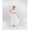 Long White Children's Wedding Baptism Dress with Polka Dots Tulle & Brown Flower Belt