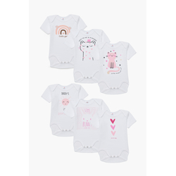 Pretty Baby Cute Girl Σετ 6 βρεφικά βαμβακερά κορμάκια κοντό μανίκι Λευκό Ροζ