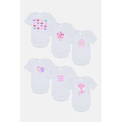 Pretty Baby Queen Σετ 6 βρεφικά βαμβακερά κορμάκια κοντό μανίκι Λευκό Ροζ