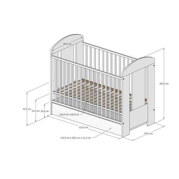Βρεφική Κούνια Ptilou 60x120cm 3ων Επιπέδων (ΔΩΡΟ στρώμα, Συρτάρι) Λευκό
