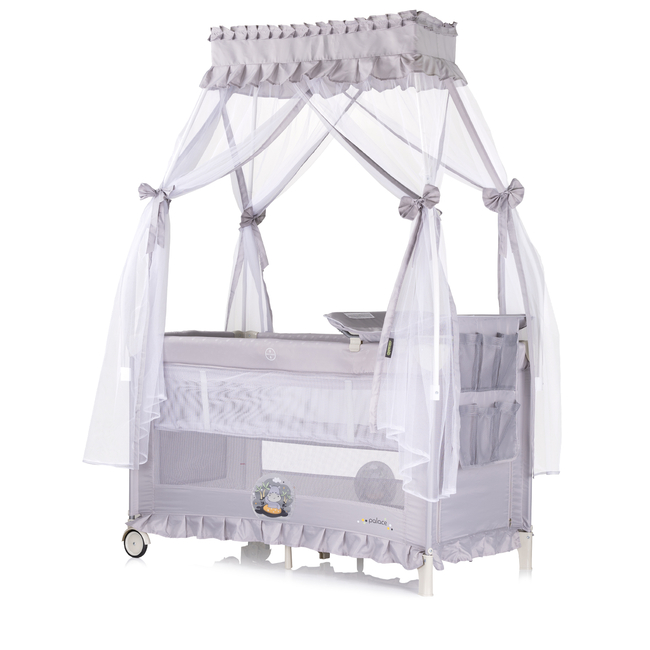 Foldable travel cot with mosquito net Palace Hippo grey KOSIPA251HI