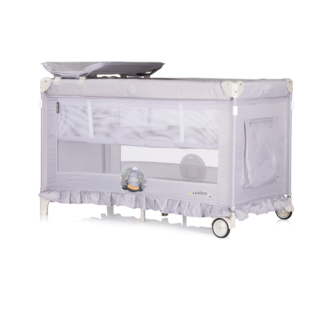 Foldable travel cot with mosquito net Palace Hippo grey KOSIPA251HI