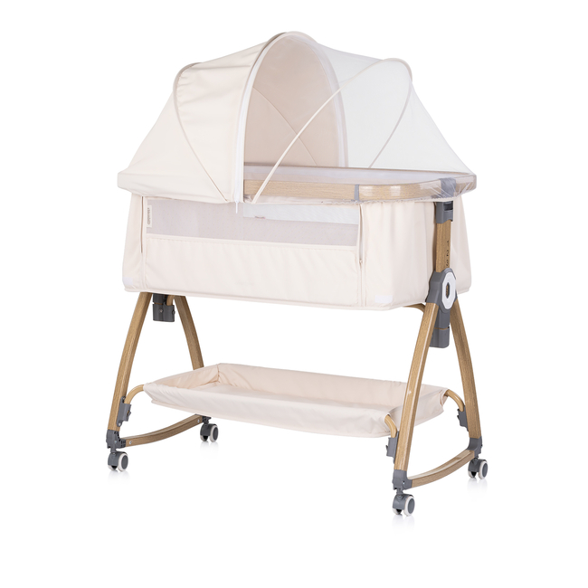 Chipolino Co-sleeping crib with drop side “Charisma" cashmere/wood + wheels KOSCA0264CA