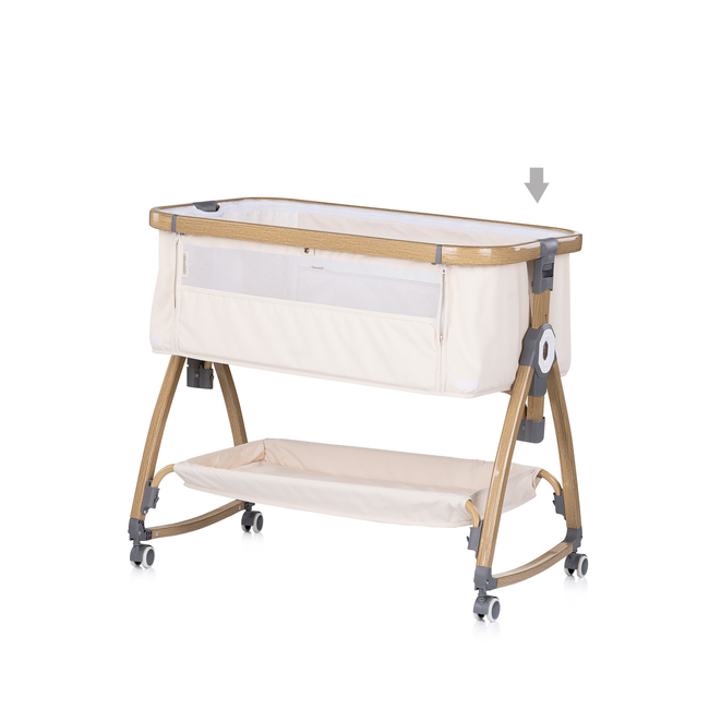 Chipolino Co-sleeping crib with drop side “Charisma" cashmere/wood + wheels KOSCA0264CA
