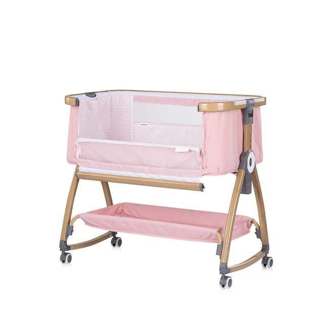 Chipolino Co-sleeping crib with drop side “Charisma" powder pink/wood + wheels KOSCA0265PP